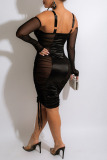 Black Sexy Solid Patchwork See-through Zipper Spaghetti Strap One Step Skirt Dresses