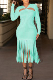 Purple Fashion Casual Solid Tassel Hollowed Out Backless V Neck Long Sleeve Dresses