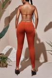 Brick Red Sexy Solid Patchwork Backless Spaghetti Strap Skinny Jumpsuits