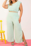 Mint green Casual Solid Patchwork O Neck Plus Size Two Pieces