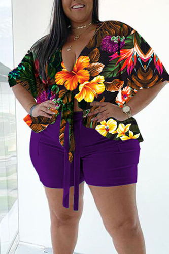 Purple Casual Print Bandage Patchwork V Neck Plus Size Two Pieces