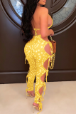 Yellow Sexy Print Draw String Halter Sleeveless Two Pieces