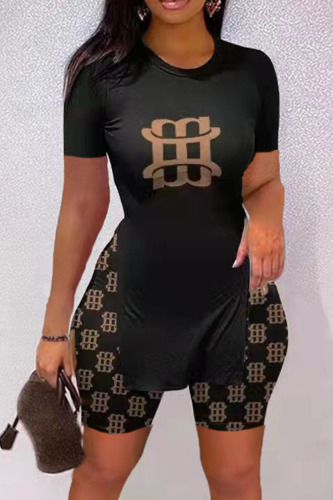 Black Casual Print Patchwork Slit O Neck Short Sleeve Two Pieces