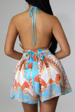 Blue Sexy Print Patchwork Backless Halter Sleeveless Two Pieces
