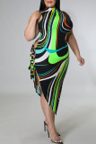 Green Sexy Print Bandage Hollowed Out Patchwork O Neck Irregular Dress Plus Size Dresses