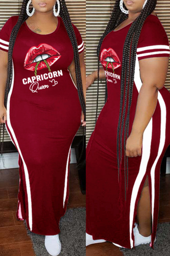 Burgundy Fashion Casual Plus Size Lips Printed Patchwork Slit O Neck Short Sleeve Dress