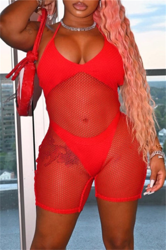 Red Fashion Sexy Patchwork Hollowed Out See-through Backless Spaghetti Strap Skinny Romper