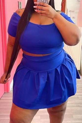 Blue Fashion Casual Solid Basic O Neck Short Sleeve Two Pieces