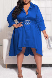 Blue Fashion Casual Plus Size Solid Asymmetrical Turndown Collar Shirt Dress (Without Belt)