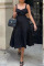 Black Elegant Solid Hollowed Out Patchwork Spaghetti Strap A Line Dresses
