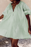 Green Casual Plaid Patchwork V Neck Cake Skirt Dresses