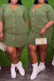 Light Green Fashion Casual Solid Basic O Neck Long Sleeve Plus Size Dresses