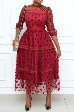 Wholesale Red Sexy Solid Mesh O Neck Cake Skirt Dresses K44891-1 Online