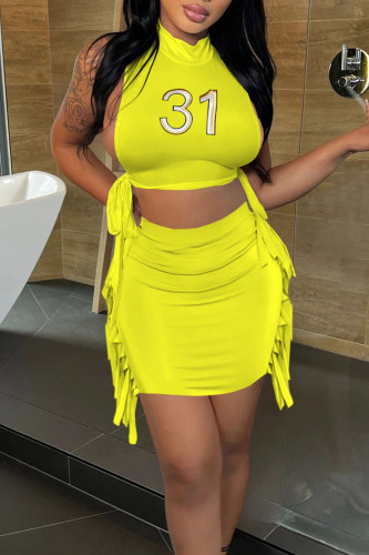 Yellow Sexy Print Tassel Bandage Hollowed Out Patchwork O Neck Sleeveless Two Pieces