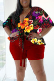 Red Casual Print Bandage Patchwork V Neck Plus Size Two Pieces