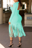 Light Green Fashion Casual Solid Tassel Hollowed Out Backless V Neck Long Sleeve Dresses