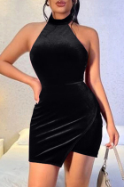 Black Fashion Sexy Solid Split Joint Backless Halter Sleeveless Dress