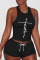 Black Sexy Sportswear Print Patchwork O Neck Sleeveless Two Pieces