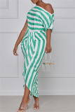 Green Fashion Casual Striped Print Asymmetrical Oblique Collar Short Sleeve Dress