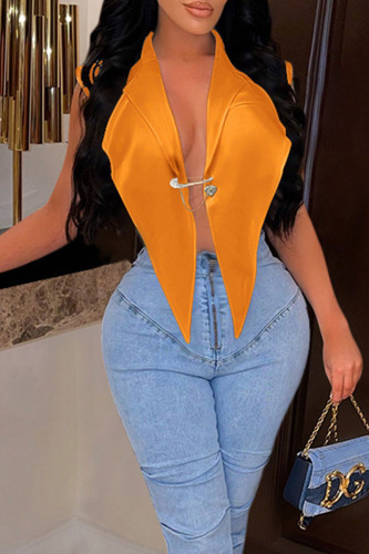 Yellow Sexy Solid Patchwork Asymmetrical Turn-back Collar Outerwear