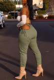 Green Fashion Casual Solid Bandage Hollowed Out Skinny High Waist Pencil Trousers