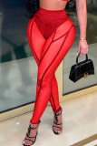 Red Sexy Solid Patchwork See-through High Waist Pencil Solid Color Bottoms