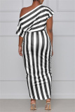 Black Fashion Casual Striped Print Asymmetrical Oblique Collar Short Sleeve Dress