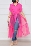 Pink Fashion Casual Solid Patchwork Turndown Collar Short Sleeve Dress Dresses