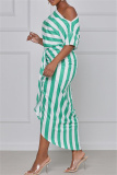 Green Fashion Casual Striped Print Asymmetrical Oblique Collar Short Sleeve Dress