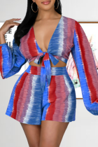 Blue Red Casual Print Patchwork V Neck Long Sleeve Two Pieces