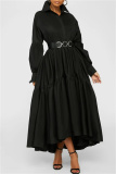 Black Fashion Casual Plus Size Solid Basic Turndown Collar Shirt Dress (Without Belt)