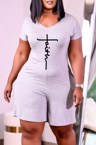 Grey Fashion Casual Print Basic V Neck Regular Rompers