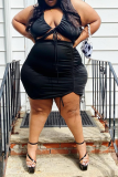 Black Sexy Solid Patchwork Halter Pencil Skirt Plus Size Two Pieces
