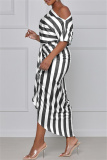 Black Fashion Casual Striped Print Asymmetrical Oblique Collar Short Sleeve Dress