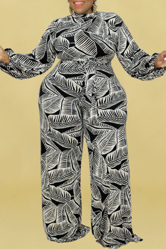 Black Fashion Casual Print Basic Half A Turtleneck Plus Size Jumpsuits