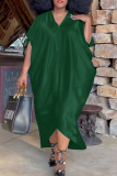 Fluorescent Green Fashion Casual Plus Size Solid Asymmetrical V Neck Short Sleeve Dress