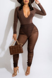 Brown Sexy Solid Patchwork See-through Fold V Neck Long Sleeve Two Pieces