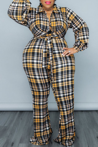 Yellow Casual Plaid Print Bandage Patchwork Turndown Collar Plus Size Jumpsuits