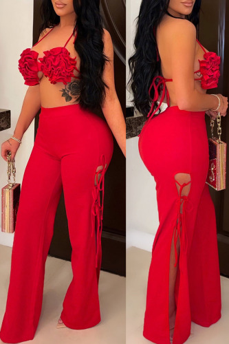 Red Sexy Solid Hollowed Out Patchwork Frenulum Halter Sleeveless Two Pieces