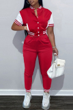 Red Fashion Casual Solid Patchwork Short Sleeve Two Pieces