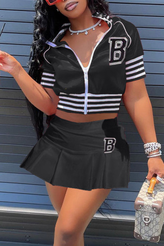 Black Casual Street Print Patchwork Zipper Collar Short Sleeve Two Pieces