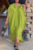 Ink Green Fashion Casual Plus Size Solid Asymmetrical V Neck Short Sleeve Dress