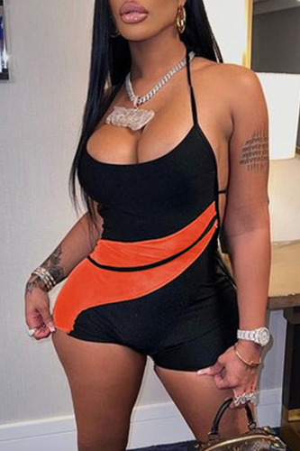 Orange Sexy Solid Patchwork See-through Backless Halter Regular Rompers
