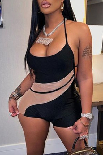 Khaki Sexy Solid Patchwork See-through Backless Halter Regular Rompers