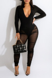 Brown Sexy Solid Patchwork See-through Fold V Neck Long Sleeve Two Pieces