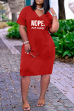 Red Fashion Casual Letter Print Basic V Neck Short Sleeve Dress