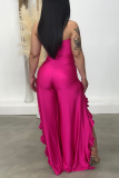 Fuchsia Sexy Solid Flounce Strapless Boot Cut Jumpsuits