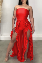 Red Sexy Solid Flounce Strapless Boot Cut Jumpsuits