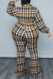Yellow Casual Plaid Print Bandage Patchwork Turndown Collar Plus Size Jumpsuits