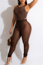 Coffee Fashion Sexy Solid See-through O Neck Sleeveless Two Pieces